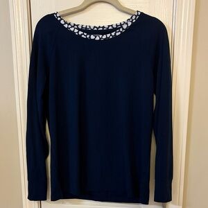 Lands' End Women's Dark Blue Pajama Top with Patterned Neckline